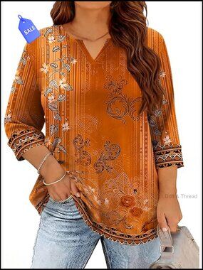 Plus Size V Neck Tunic Top 3/4 Sleeve Loose Fit Blouse XL-5X